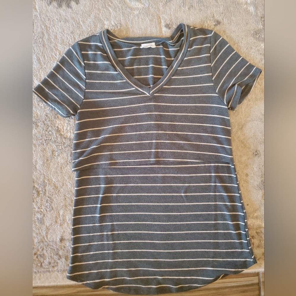 Le Lis Sage Green and White Striped V-Neck Nursing/Breastfeeding Friendly Tee